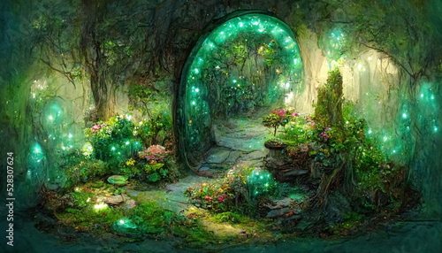 Fantasy magic portal in mystic fairy tale forest. Fairy door to the parallel world. 3D illustration.