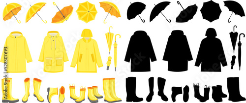 set of yellow boots, raincoat umbrellas in flat style, isolated vector