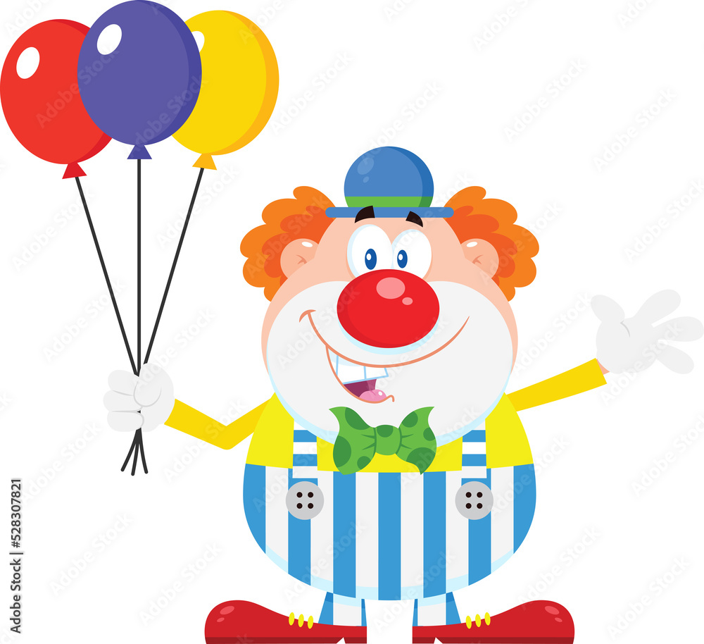 Happy Clown Cartoon Character With Balloons Waving. Hand Drawn ...