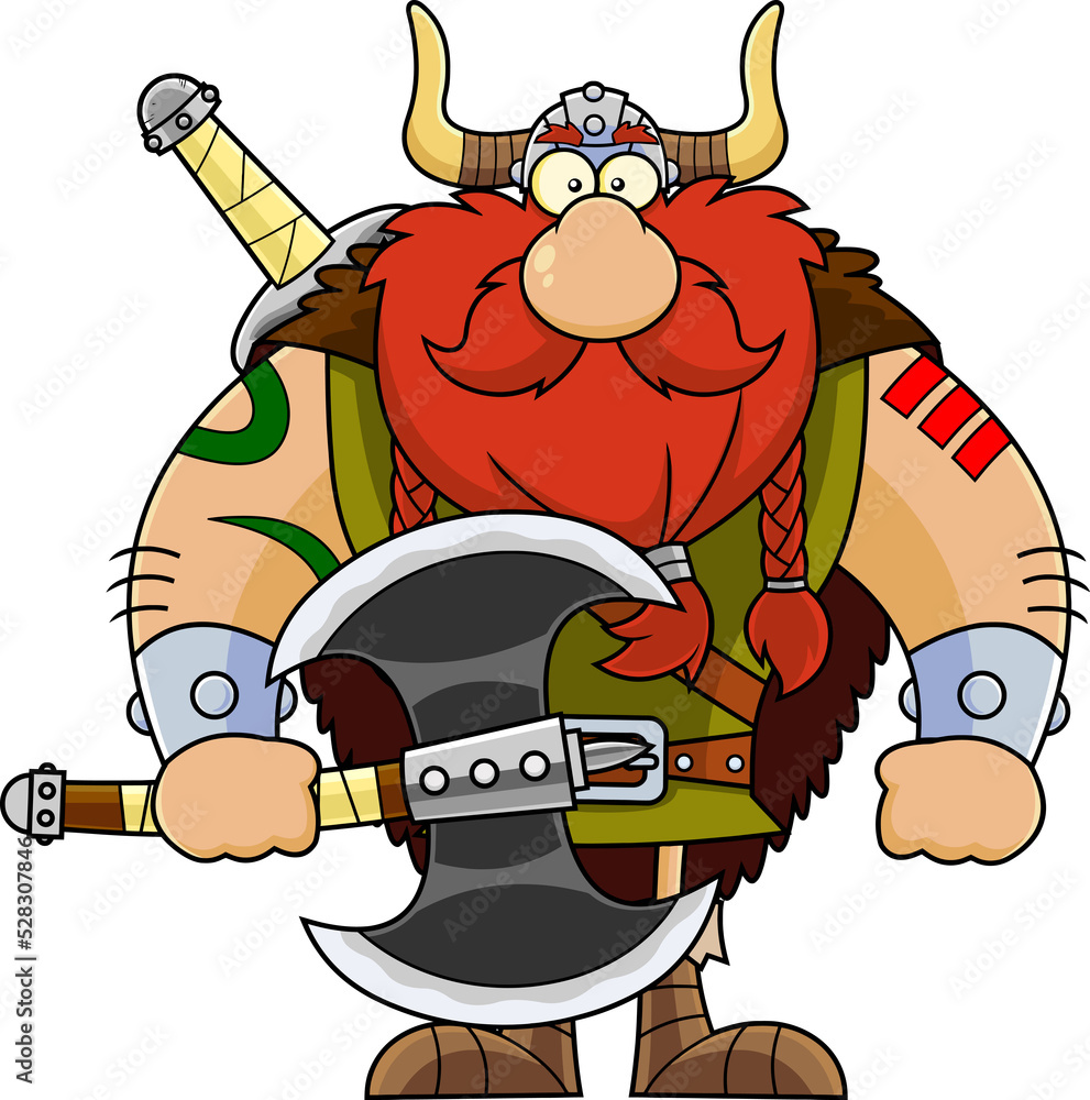 Viking Cartoon Character Holding A Big Axe. Hand Drawn Illustration