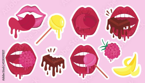 Red, pink female lips sticker set. Eats dripping chocolate, sucks pink lollipop, lip licking, tongue out. Sexy woman's lips sketch vector illustration.