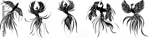 phoenix bird set black silhouette isolated, vector