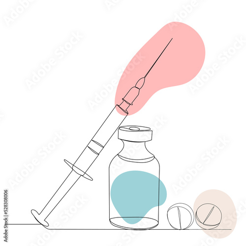 medicines and syringe one continuous line drawing, vector