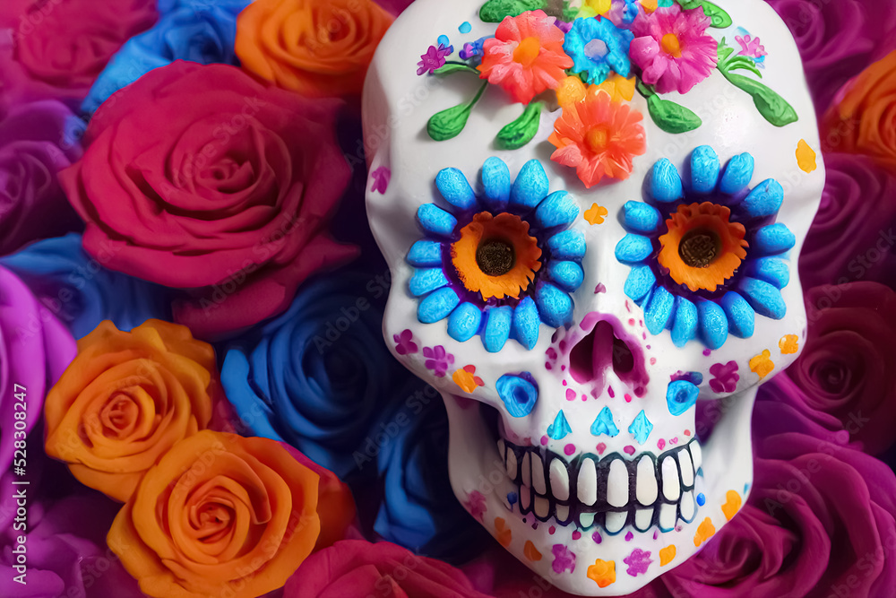 Traditional Calavera, Sugar Skull decorated with flowers. The day of the dead. 3D illustration.