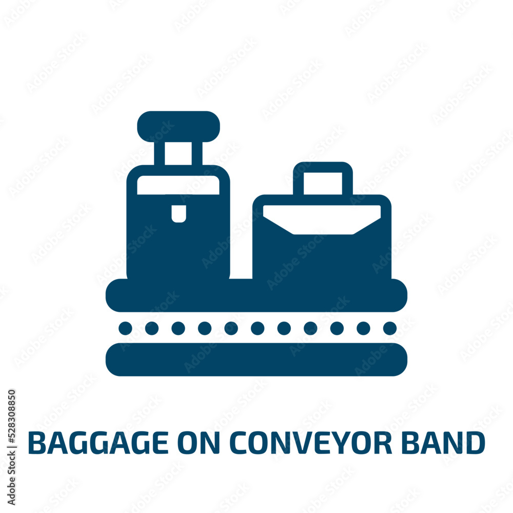 baggage on conveyor band vector icon. baggage on conveyor band, baggage, bag filled icons from flat airport concept. Isolated black glyph icon, vector illustration symbol element for web design and baggage on conveyor band vector icon. baggage on conveyor band, baggage, bag filled icons from flat airport concept. Isolated black glyph icon, vector illustration symbol element for web design and