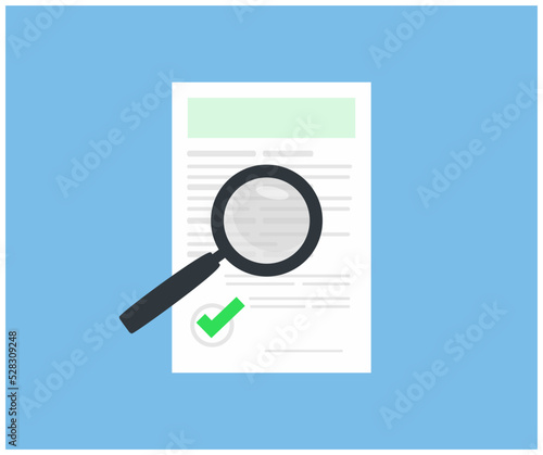 Document audit review, inspection or assessment evaluation, contract statement verification via magnifier logo design. Assessment report research vector design and illustration.