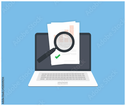 Financial audit research online internet on Laptop screen logo design. Concept of accounting or sales finance market statistic inspection and analytics electronic report vector design and illustration