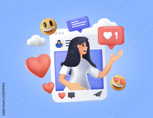 Social media post, blogging. Influencer blogger girl character. Like, share and comment promo. Selfie creative idea. SMM Social profile insta frame young star. Vector illustration. Modern 3d render