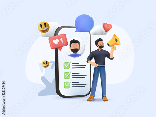 3D illustration of cartoon businessman, man holding megaphone. Blogger 3D character announcing over the loudspeaker through phone. Advertising share concept. SMM, Referral program. Marketing success.