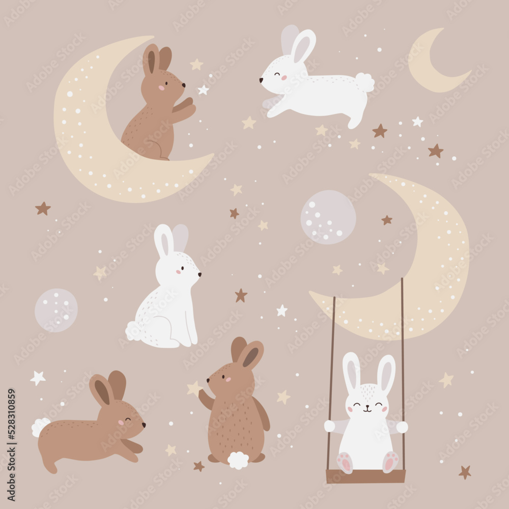 Cute rabbits with moon and stars. Neutral beige colors. Cartoon bunny. Hand drawn flat animals. Vector illustration. Cute rabbits with moon and stars. Neutral beige colors. Cartoon bunny. Hand drawn flat animals. Vector illustration.