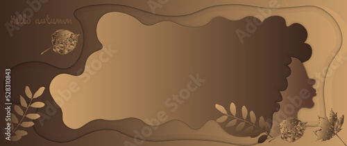 Autumn luxury papercut design for beauty and fashion. African woman silhouette, girl with dark skin and long curly hair. Golden and brown colors, hair is decorated with leaves. Vector background.
