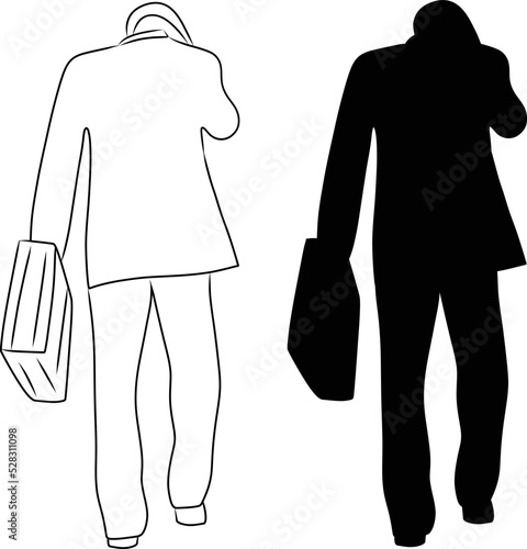 silhouette and line drawing of man walking away, wearing business suit holding briefcase, isolated vector over white background