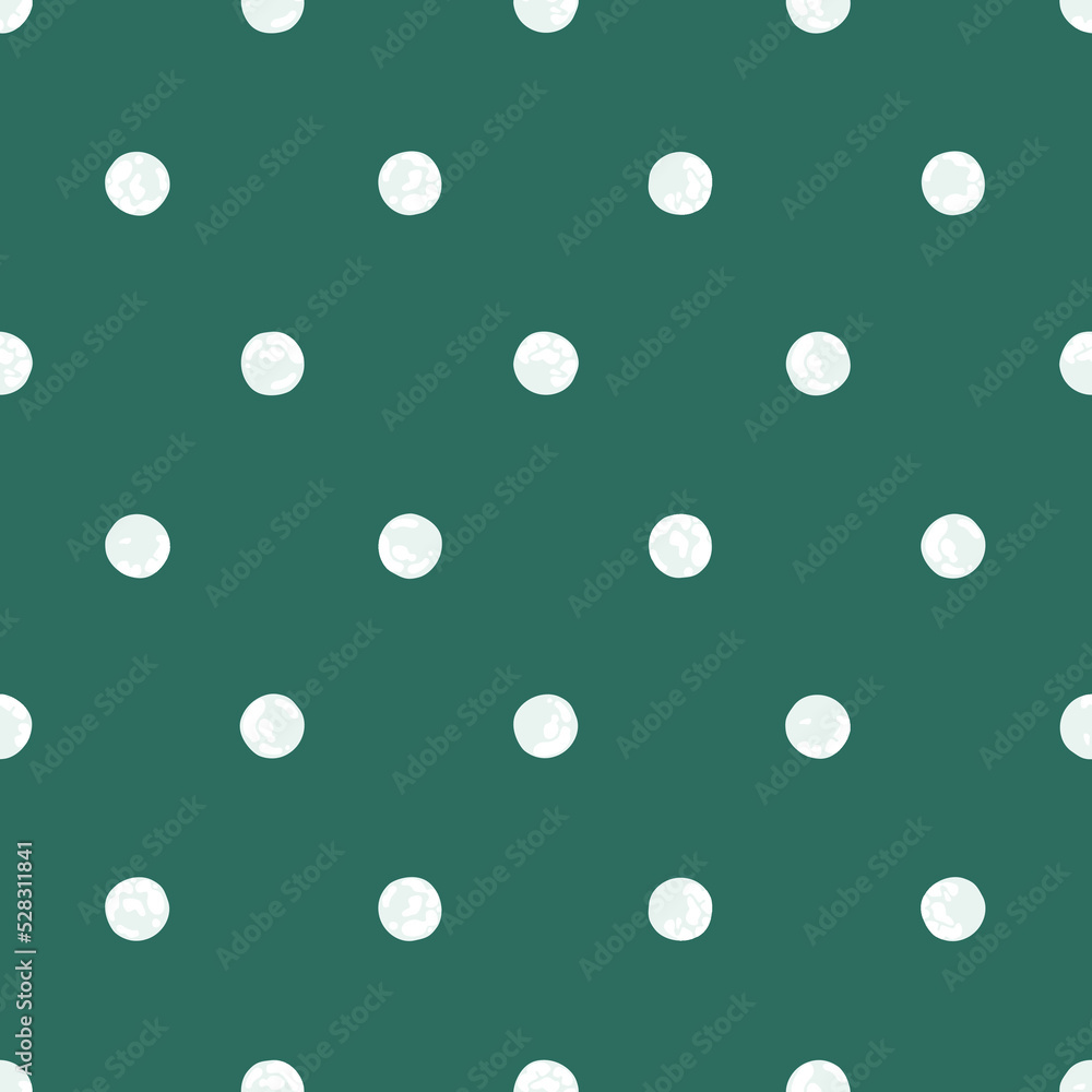 White Polka Dot on Pine Green Backdrop, Christmas Background, Seamless Pattern. Festive Illustration for Holidays, Wrapping Paper, Texture EPS Vector.
