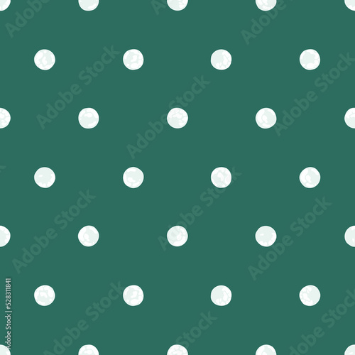 White Polka Dot on Pine Green Backdrop, Christmas Background, Seamless Pattern. Festive Illustration for Holidays, Wrapping Paper, Texture EPS Vector. 