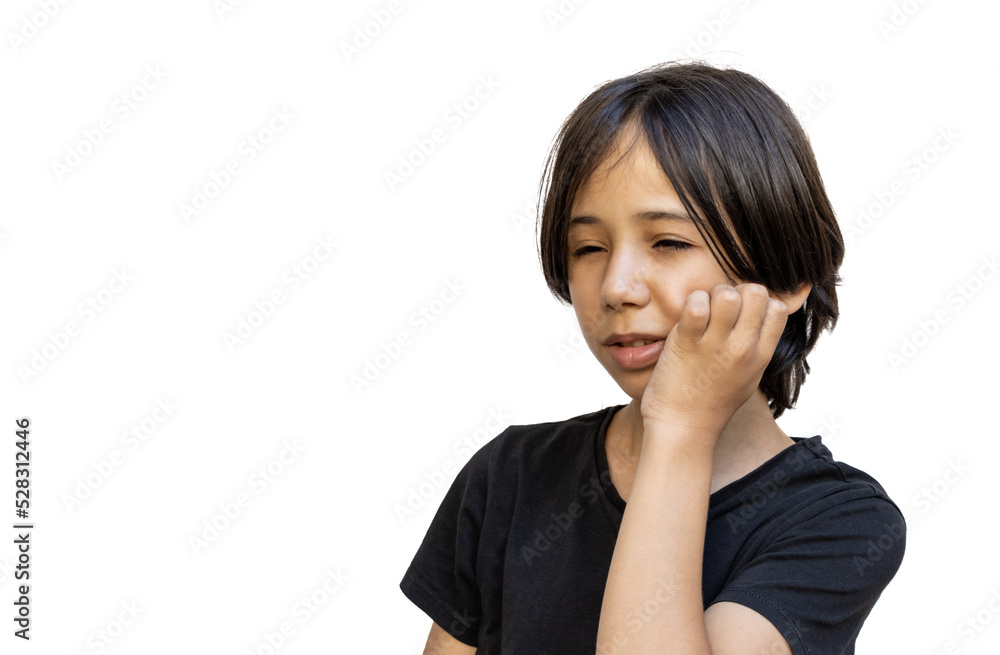 Child with a toothache. Asian young boy's tooth has bruises and pain. Dental and oral health. Brunette teenager boy in black t-shirt and black hair isolated on white background Child with a toothache. Asian young boy's tooth has bruises and pain. Dental and oral health. Brunette teenager boy in black t-shirt and black hair isolated on white background