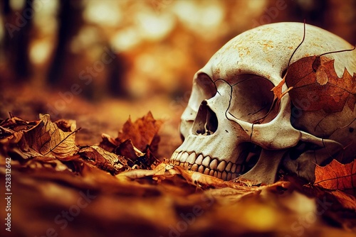 Fényképezés A computer illustration of a human skull sitting on the ground amongst fallen orange, red and brown leaves in the autumn, halloween background
