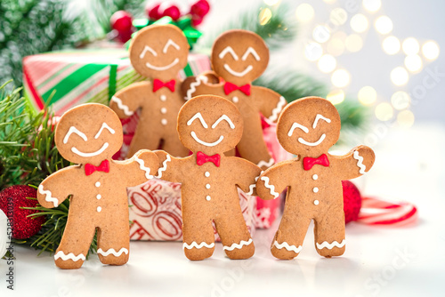 Christmas Decorations with Gingerbread man and Gift Box. Traditional holiday symbol. Christmas design.