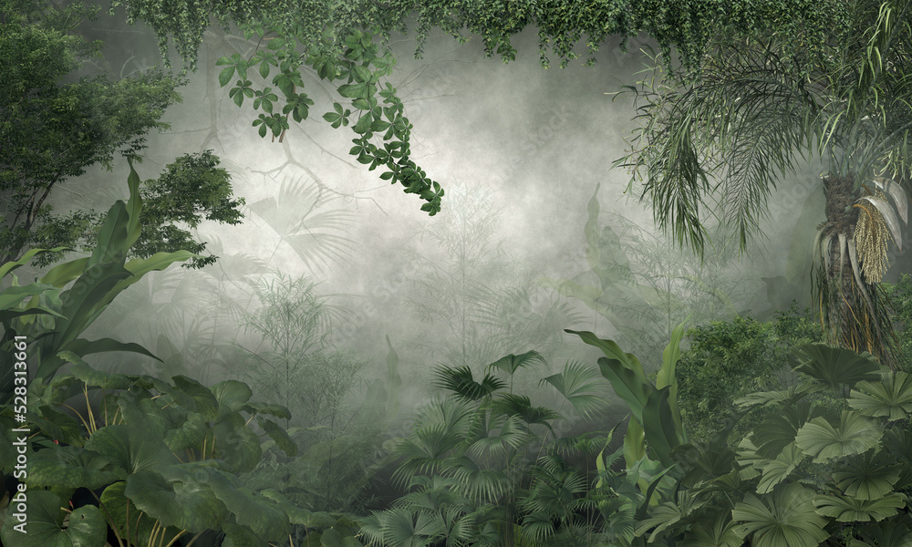 tropical trees and leaves in foggy forest wallpaper design - 3D illustration
 - obrazy, fototapety, plakaty 