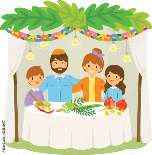 Jewish family celebrating Sukkot in the traditional booth with symbols of the holiday.