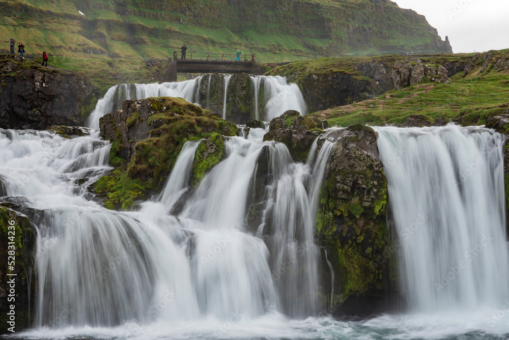 Naklejka premium Summer Light Beautiful Waterfall Iceland Landscape Kirkjufell Panorama Mountain Sunset