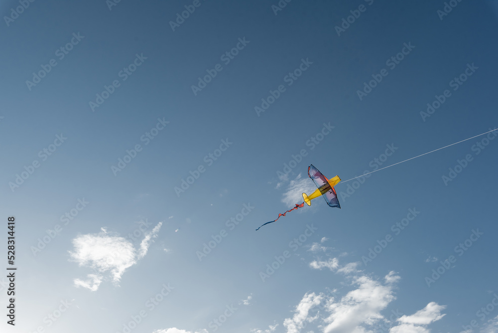 A kite flying high in the sky in a nature reserve. Happy outdoor recreation. Freedom and space.