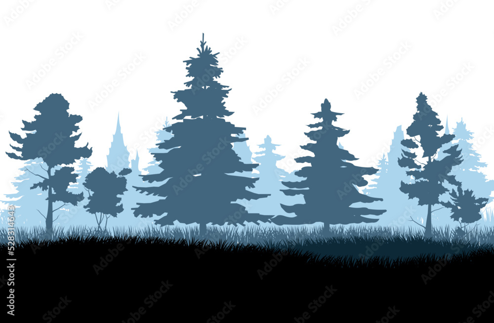Fototapeta premium Foggy dusk. Coniferous forest with firs and pines. Landscape with trees and grass. Silhouette picture. Isolated on white background. Vector.