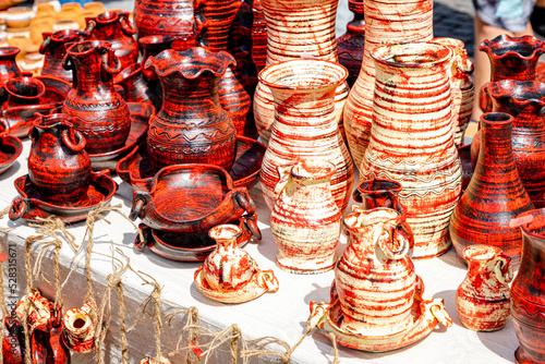 Traditional Romanian handmade ceramics market at the potters fair from Sibiu, Romania