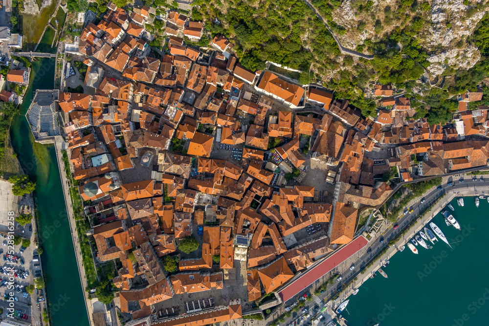 Aerial view of Kotor old city in Bay of Kotor, Boka Kotorska, Montenegro