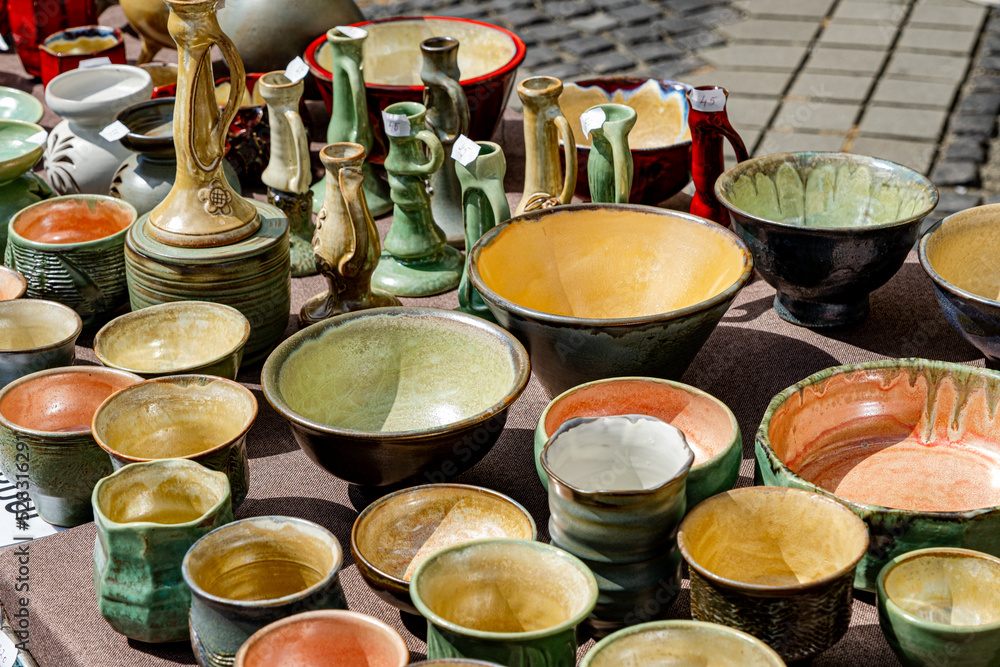 Traditional Romanian handmade ceramics market at the potters fair from Sibiu, Romania Traditional Romanian handmade ceramics market at the potters fair from Sibiu, Romania