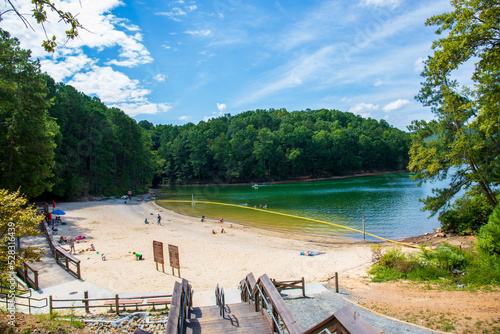 a gorgeous summer landscape at the beach on green waters of Lake Allatoona with people in the water surrounded lush green trees, grass and plants with blue sky and clouds at Red Top Mountain park photo