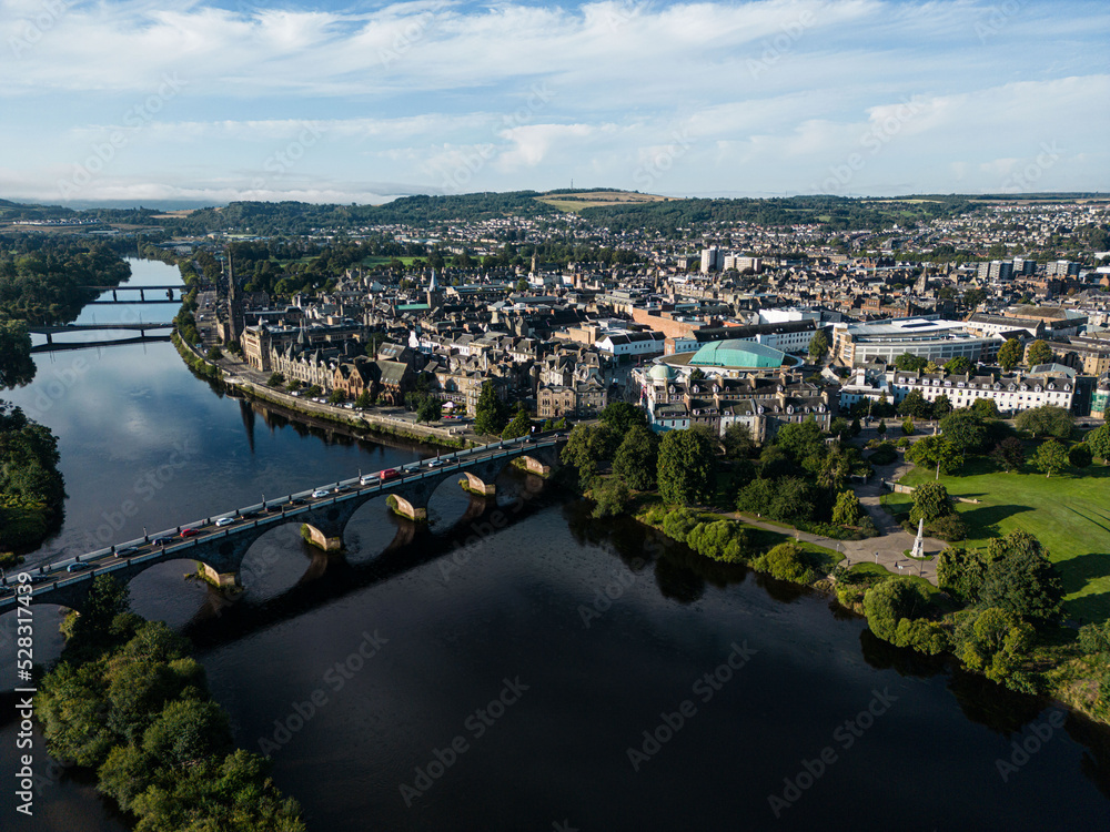 Perth City Centre including the Rivert Tay, Perth Concert Hall  and Tay Street. Drone images, Perth from the air