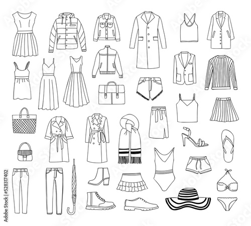 Clothes doodle illustration collection. Hand drawn clothing icons collection. Clothes icons set in vector.