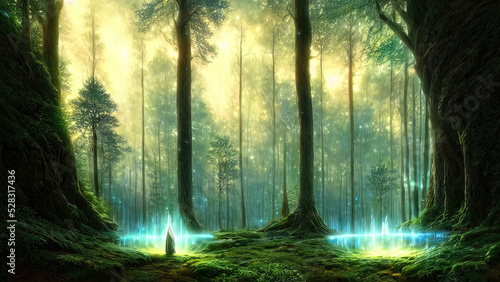 Dense dark fantasy forest  with big trees  green  sunset light. The magical atmosphere of the forest  fairy forest  magic light. 3D illustration