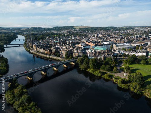 Perth City Centre including the Rivert Tay, Perth Concert Hall and Tay Street. Drone images, Perth from the air