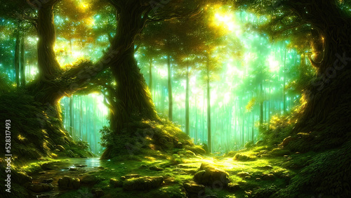 Dense dark fantasy forest  with big trees  green  sunset light. The magical atmosphere of the forest  fairy forest  magic light. 3D illustration