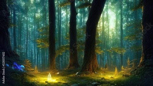 Dense dark fantasy forest, with big trees, green, sunset light. The magical atmosphere of the forest, fairy forest, magic light. 3D illustration © Terablete