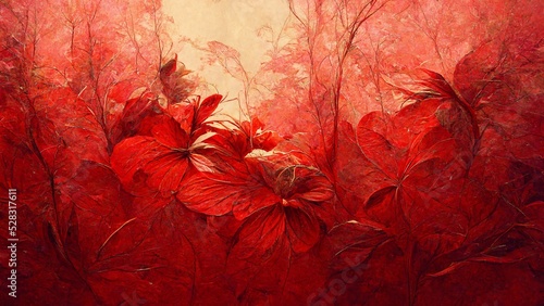 Fototapeta Naklejka Na Ścianę i Meble -  Surreal paitned red flowers and plants 