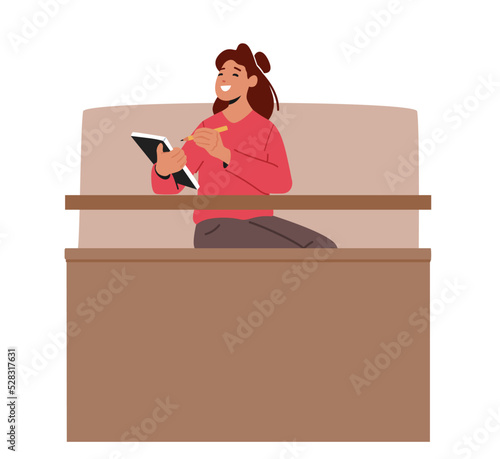 Young Woman Sitting at Desk with Notepad in University Hall Making Notes and Pass Examination. Student Girl Character