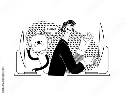 Customer support -Online shopping and electronic commerce series -modern flat vector concept illustration of an operator and bot greeting a client. Promotion, discounts, sale and online orders concept