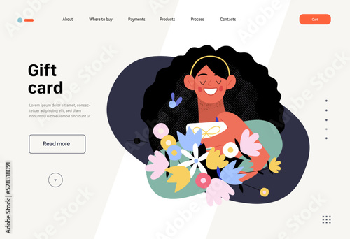 Gift card -Online shopping and electronic commerce web template - modern flat vector illustration of woman taking gift card from a bunch of flowers. Promotion, discounts, sale, online orders concept