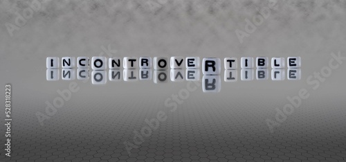 incontrovertible word or concept represented by black and white letter cubes on a grey horizon background stretching to infinity photo