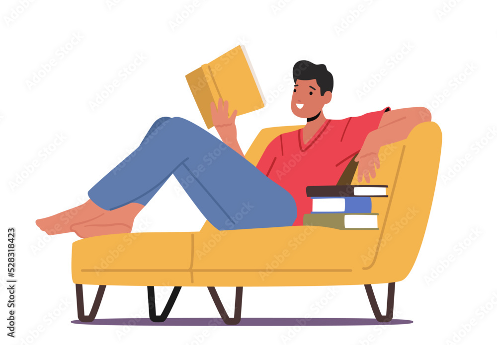 Young Man Student Character Reading Book Lying on Couch. Bookworm Male Character Enjoying Reading, Gaining Education Young Man Student Character Reading Book Lying on Couch. Bookworm Male Character Enjoying Reading, Gaining Education