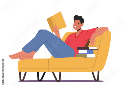 Young Man Student Character Reading Book Lying on Couch. Bookworm Male Character Enjoying Reading, Gaining Education