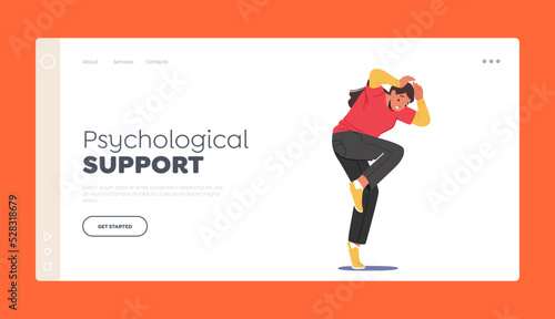 Psychological Support Landing Page Template. Fear, Fright, Panic Attack Concept. Frightened Female Character