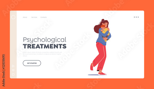 Psychological Treatments Landing Page Template. Frightened Woman with Bay on Hands Run . Mother with Child Refugees