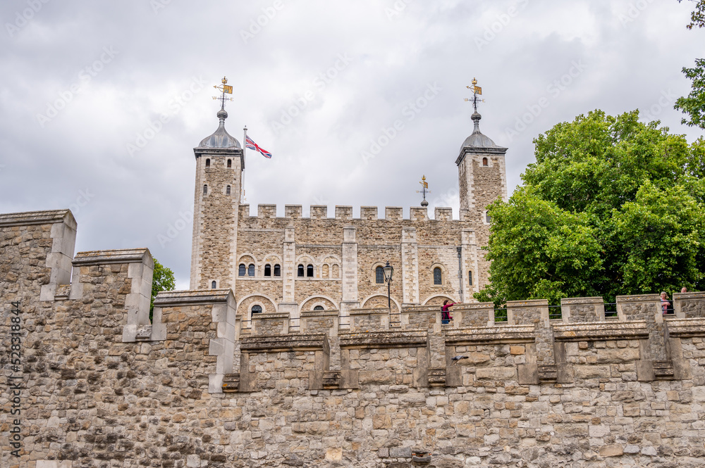 London, UK - August 21, 2022: Walls and central tower of the Tower of London.