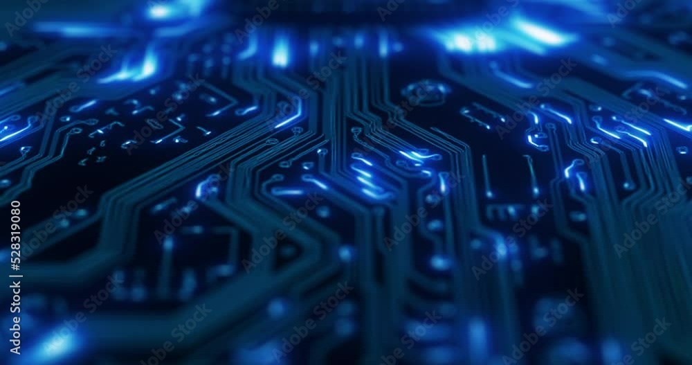 AI web network, circuit board and high tech with futuristic connection system or database. 3D digital innovation, electronics and hardware for electrical engineering binary motherboard line