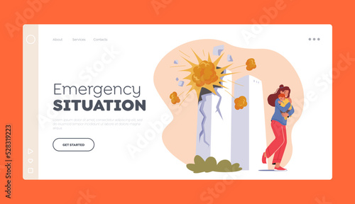 Emergency Situation Landing Page Template. Scared Woman with Baby on Hands Running Away from Exploding Tower Buildings