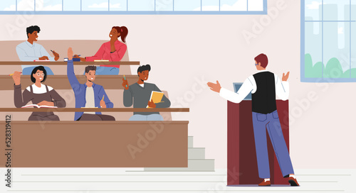 Education and Studying Concept. Student Characters In Lecture Hall. Learning Process In University, Scholars And Teacher