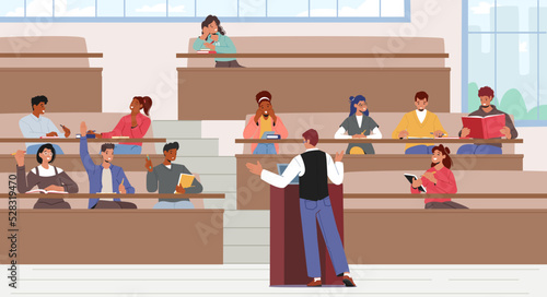Students in Lecture Hall. University Auditorium With Teacher Back And Students Front View, Course Participants Education